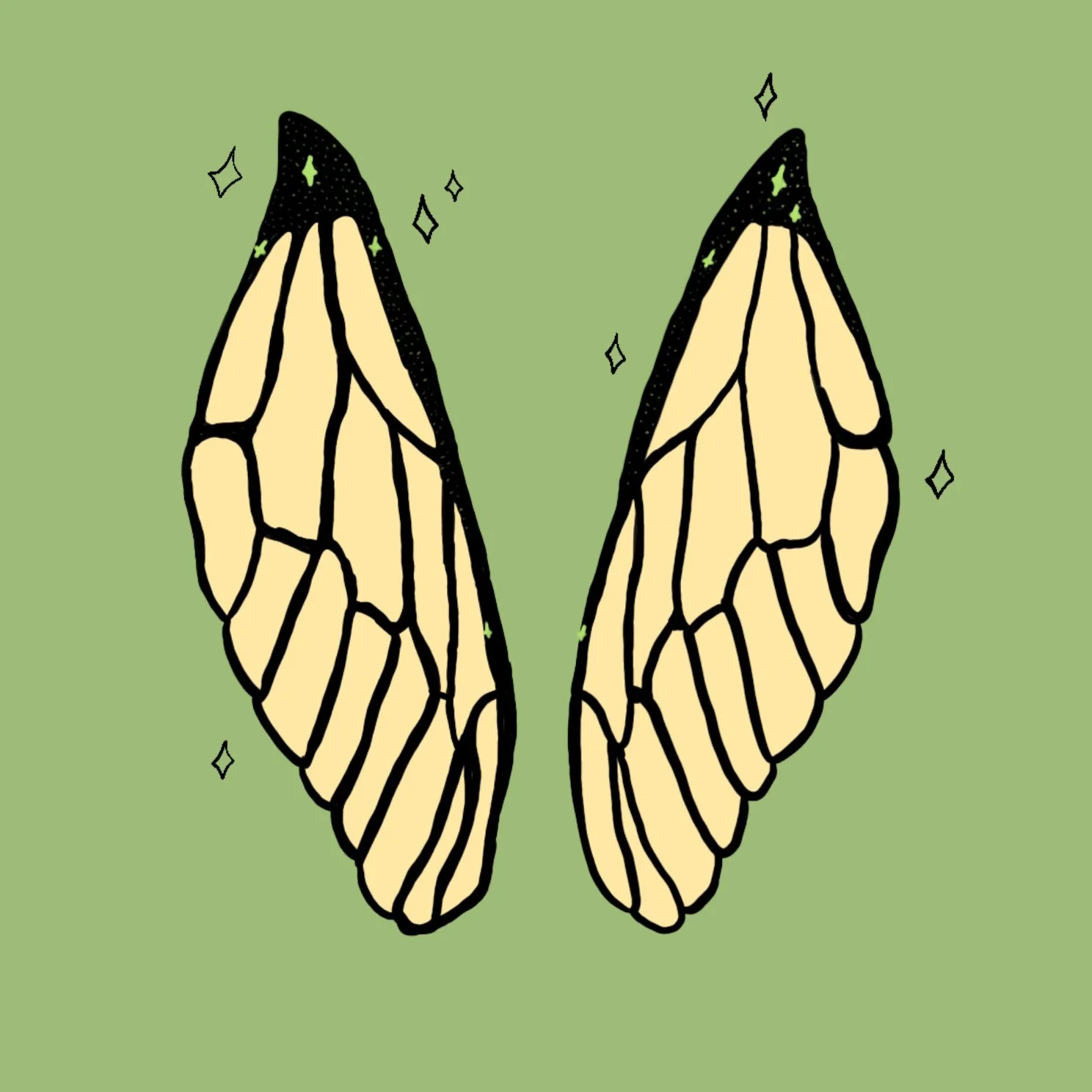 Digital illustration of dragonfly wings with black outlines and beige color, set against a light green background with small sparkling star details.