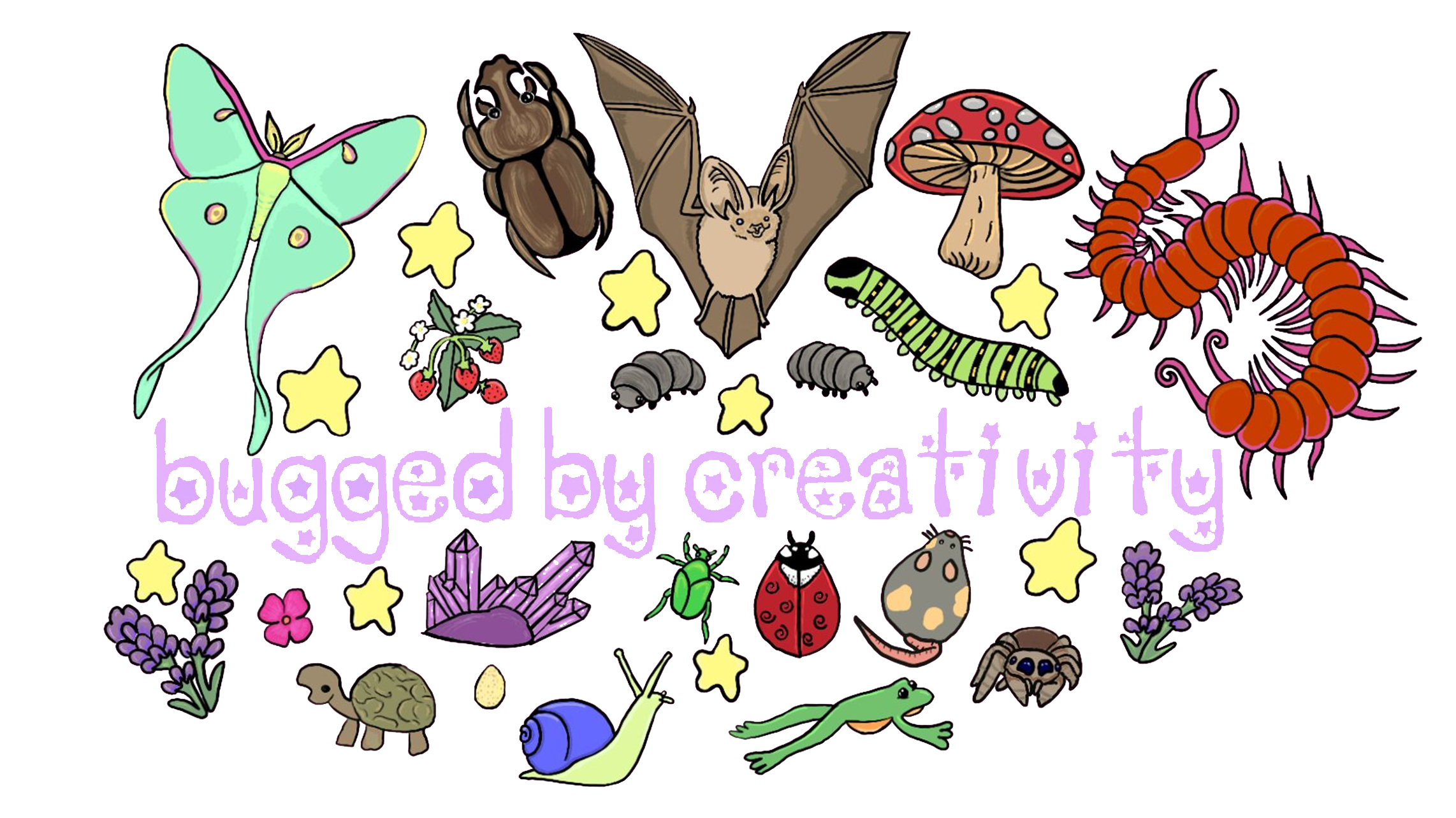 Colorful illustration of various insects, animals, and plants surrounding the words "bugged by creativity" in purple handwritten-style text, featuring a butterfly, beetle, bat, mushroom, centipede, caterpillar, star-shaped sparkles, strawberries, ladybug, snail, turtle, lavender flowers, and other creative elements.
