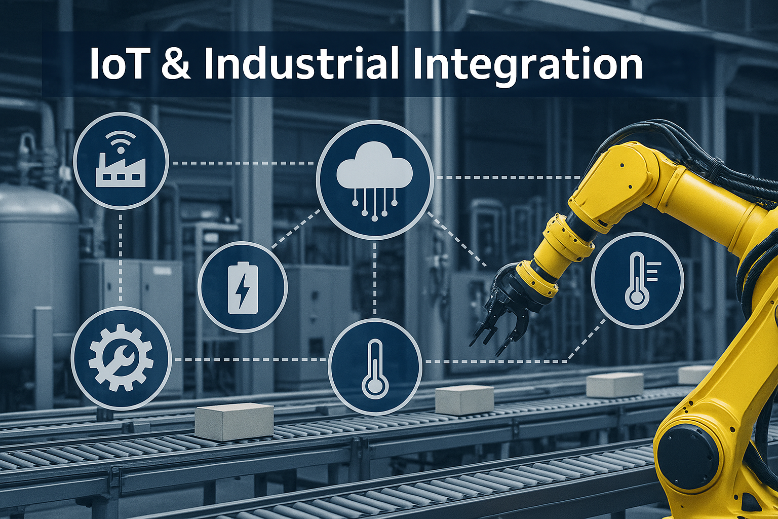 Industrial robotic arm working on a conveyor belt with icons representing IoT, cloud computing, power, temperature, and gear systems, in an industrial setting