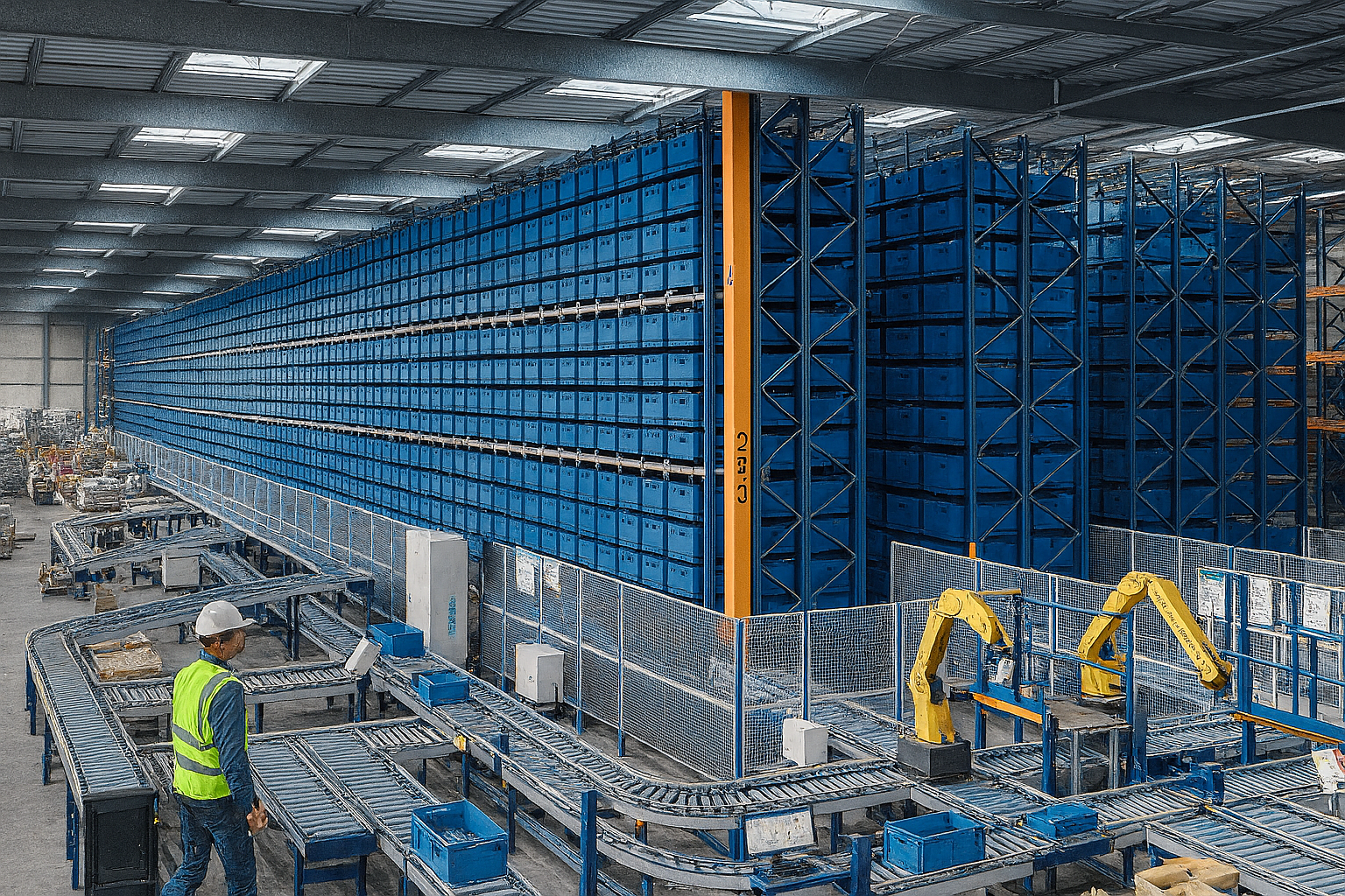 A warehouse with shelves filled with blue boxes, automated robotic arms on conveyor belts, and a worker wearing a green safety vest and a white helmet overseeing the operation.