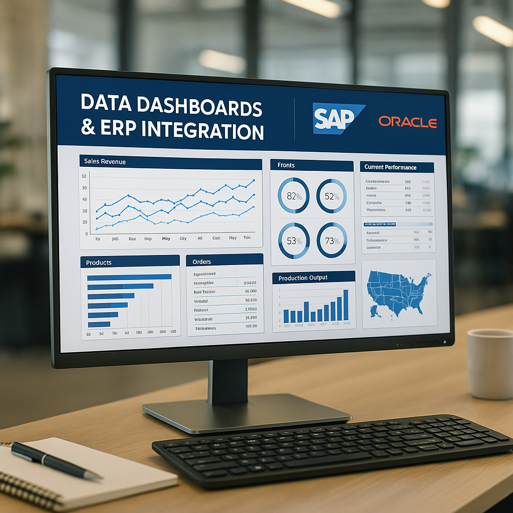 Computer monitor displaying data dashboards and ERP integration information, including charts, graphs, and maps, with a keyboard, notebook, pen, and coffee mug on a wooden desk.