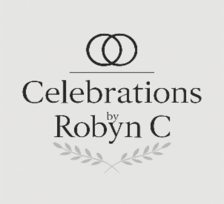 Logo for Celebrations by Robyn C featuring two interlocking rings and decorative laurel branches.