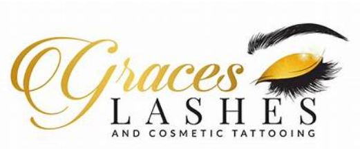 Logo for 'Graces Lashes and Cosmetic Tattooing' with a stylized eye and eyelash illustration.