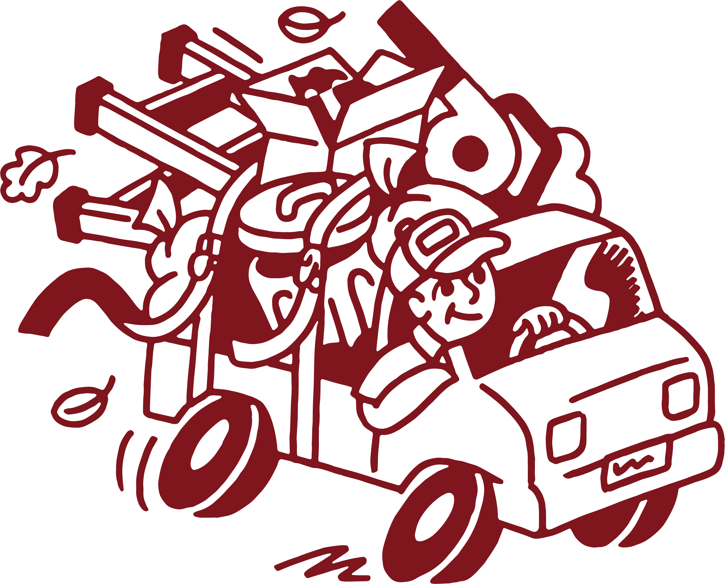 Illustration of a vintage car with luggage and accessories, including a bicycle and flowers, in a red outline.