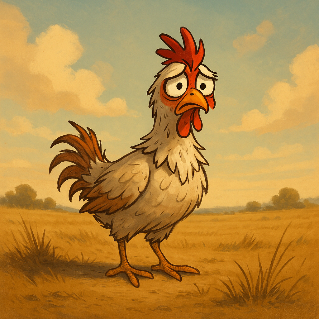 A cartoon chicken with a worried expression standing in a grassy field with a cloudy sky in the background.