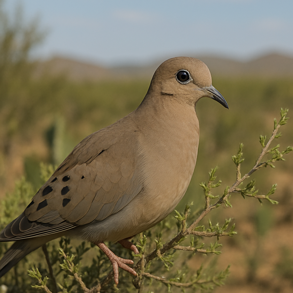 A close-up of a mourning dove perched on a small branch in a desert landscape with cacti and hills in the background.