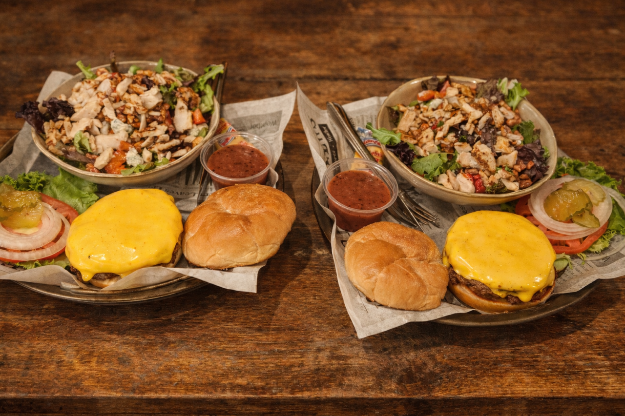 Two trays with cheeseburgers, salad, rolls, and small cups of sauce on a wooden table.
