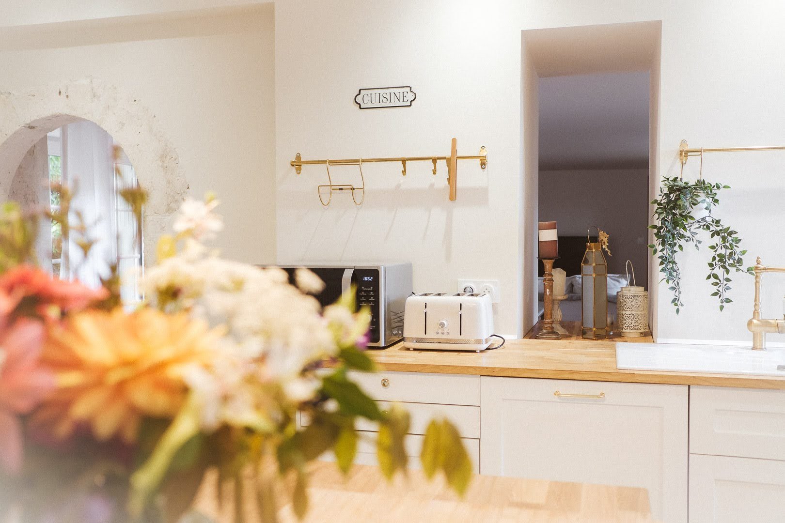 Cuisine avec un comptoir en bois clair, micro-ondes, grille-pain, éléments décoratifs et plantes vertes, vue partielle d'une pièce adjacente.