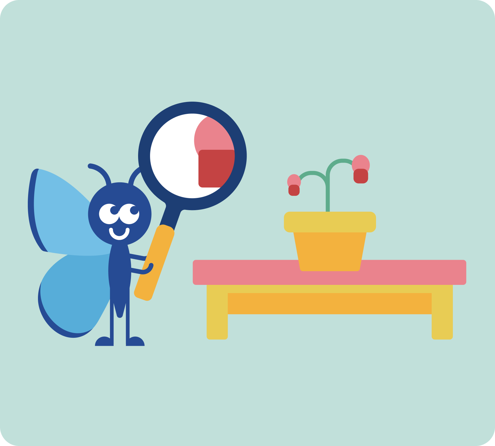 A cartoon blue butterfly insect with big eyes, holding a pink magnifying glass, looking at a potted plant with pink flowers on a pink and yellow table against a light green background.