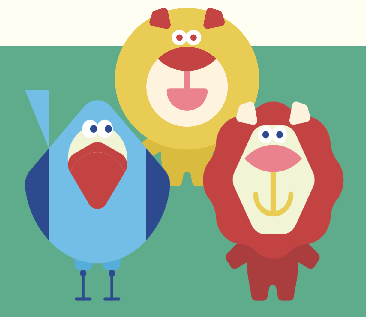 Cartoon representations of a lion, a bird, and a lion with a red mane, all with simplified facial features and bright colors, on a two-tone background.