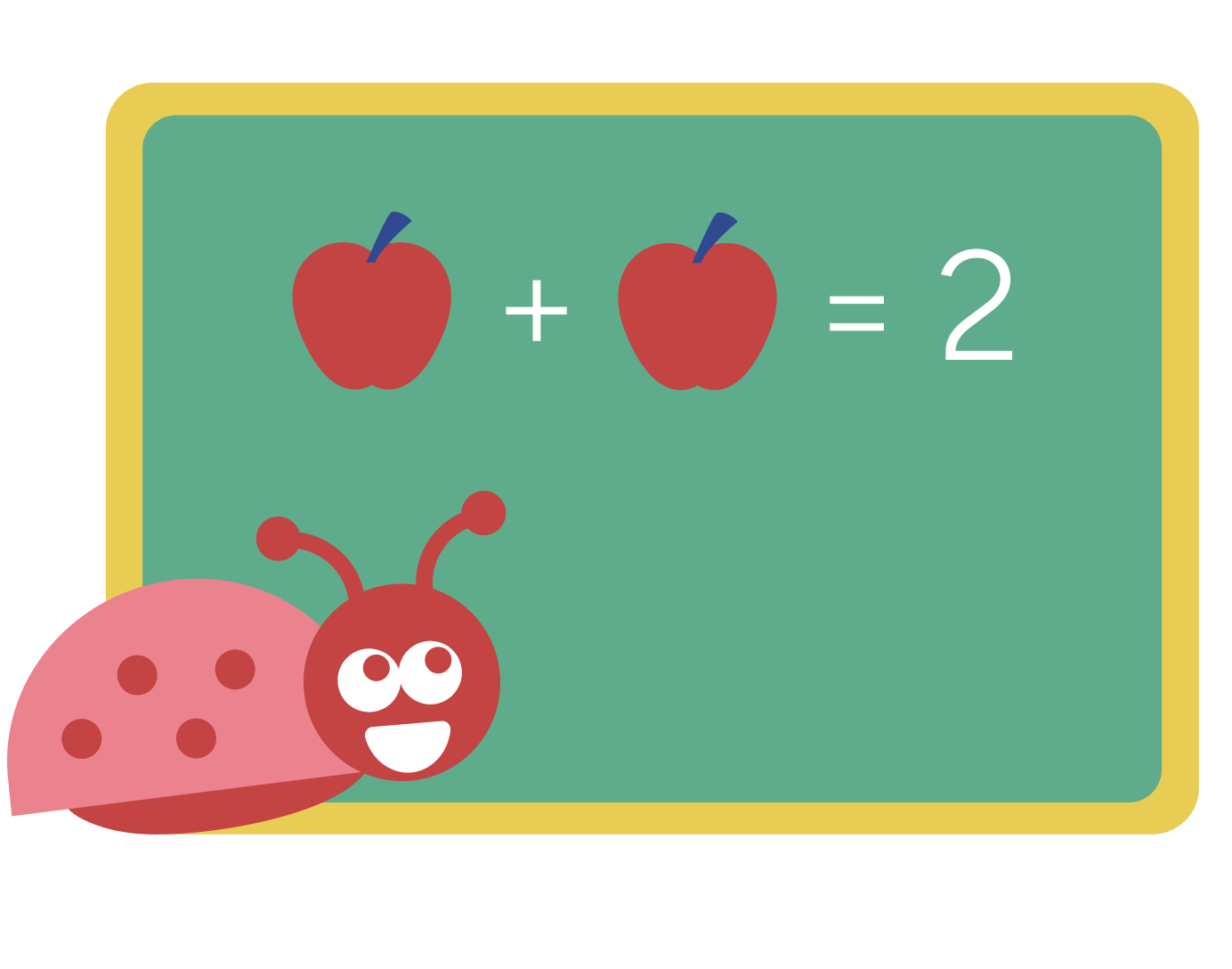 A cartoon ladybug character with pink wings and red body with black spots standing in front of a green chalkboard. The chalkboard has a math problem with two apples plus two apples equal to four.