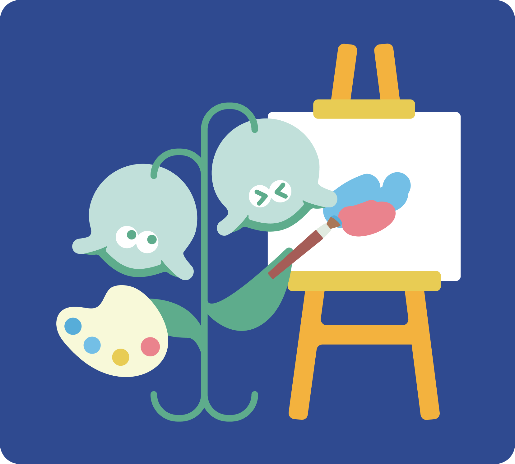 Cartoon flowers with speech bubbles, one with a paintbrush, being painted on a canvas on an easel.