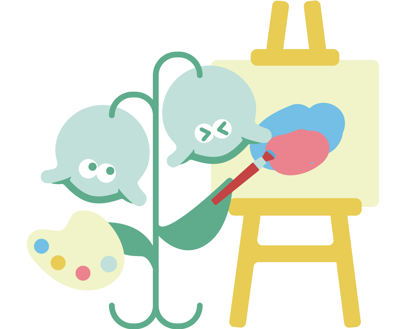 Cute cartoon brain characters painting a colorful abstract picture on a canvas.