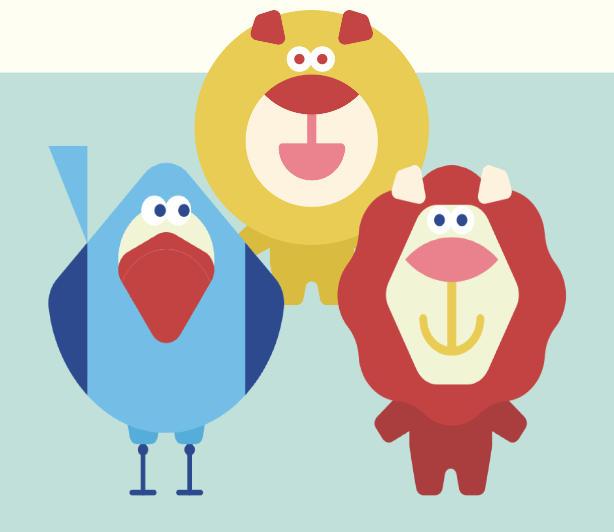 Cartoon of a blue bird, a yellow lion, and a red lion with a red mane, all with exaggerated facial features and large eyes.