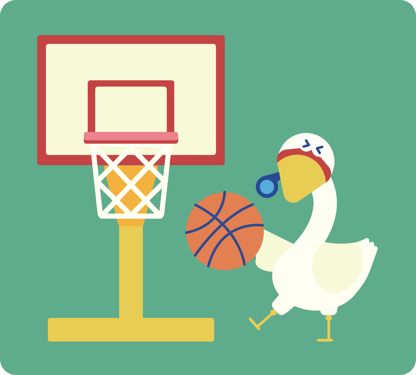 A cartoon goose wearing a basketball headband holding a basketball, standing next to a basketball hoop and backboard.