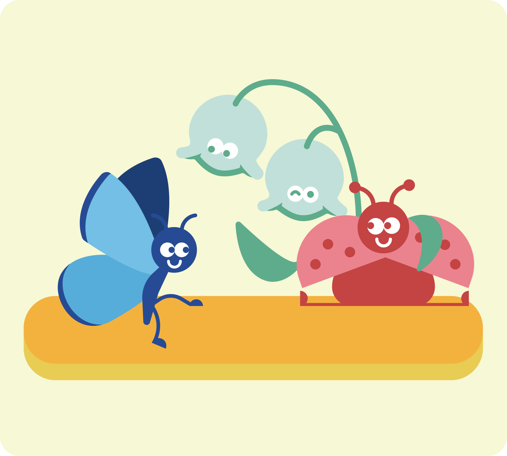 A cartoon illustration of a butterfly, ladybug, and caterpillars on a yellow platform.