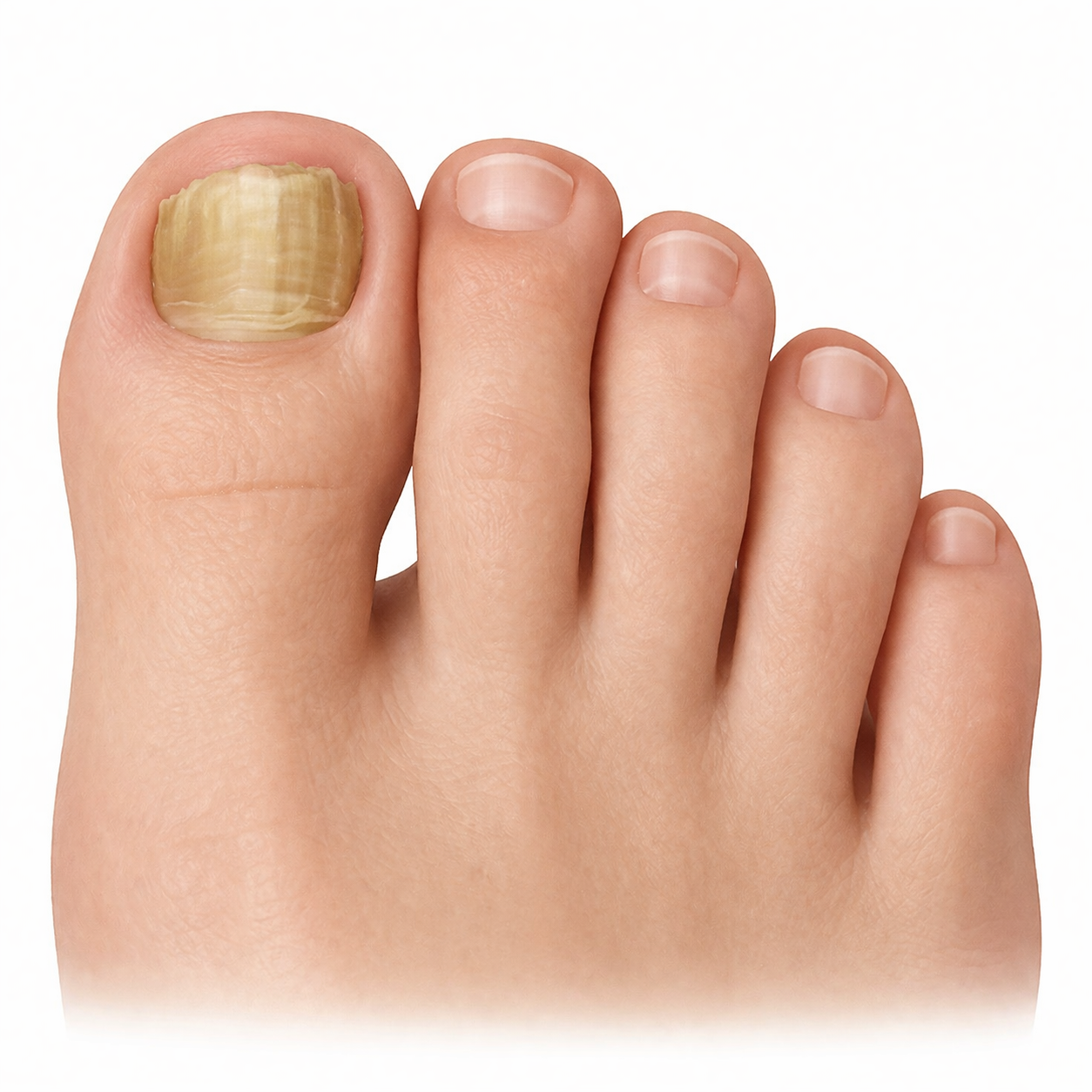 Kangkitan kulat kuku kaki boleh nampak sepert ini - kuku akan betwarna kuning and tebal