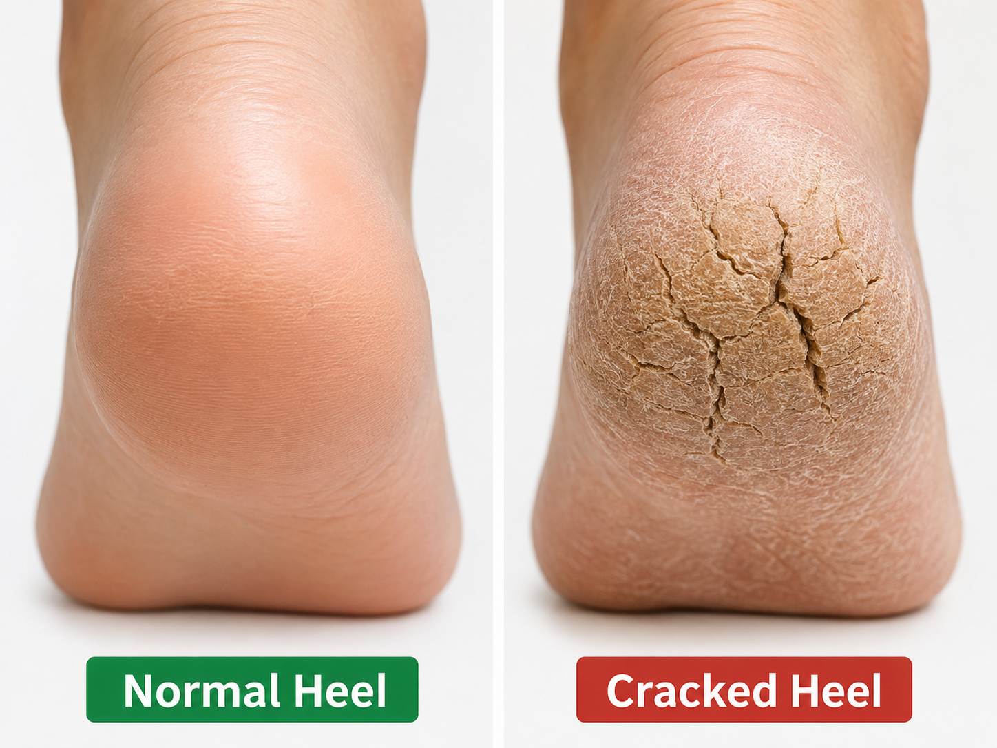 Knowing the differences for cracked heels is important. On the right being dryer and "cracked" with the left being less dry and smooth