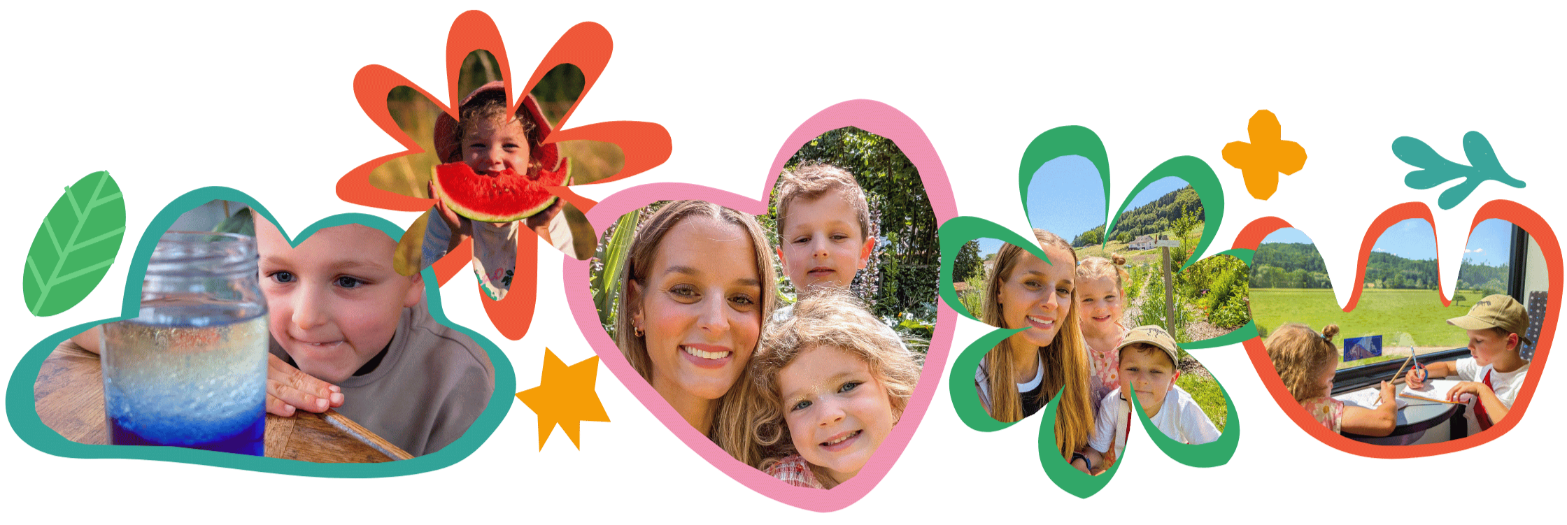 A collage of beautiful family and home education / home schooling moments shown inside colourful shapes - flowers, hearts, clouds - a child observing a science experiment, a child eating a big slice of watermelon, outdoor learning, nature,