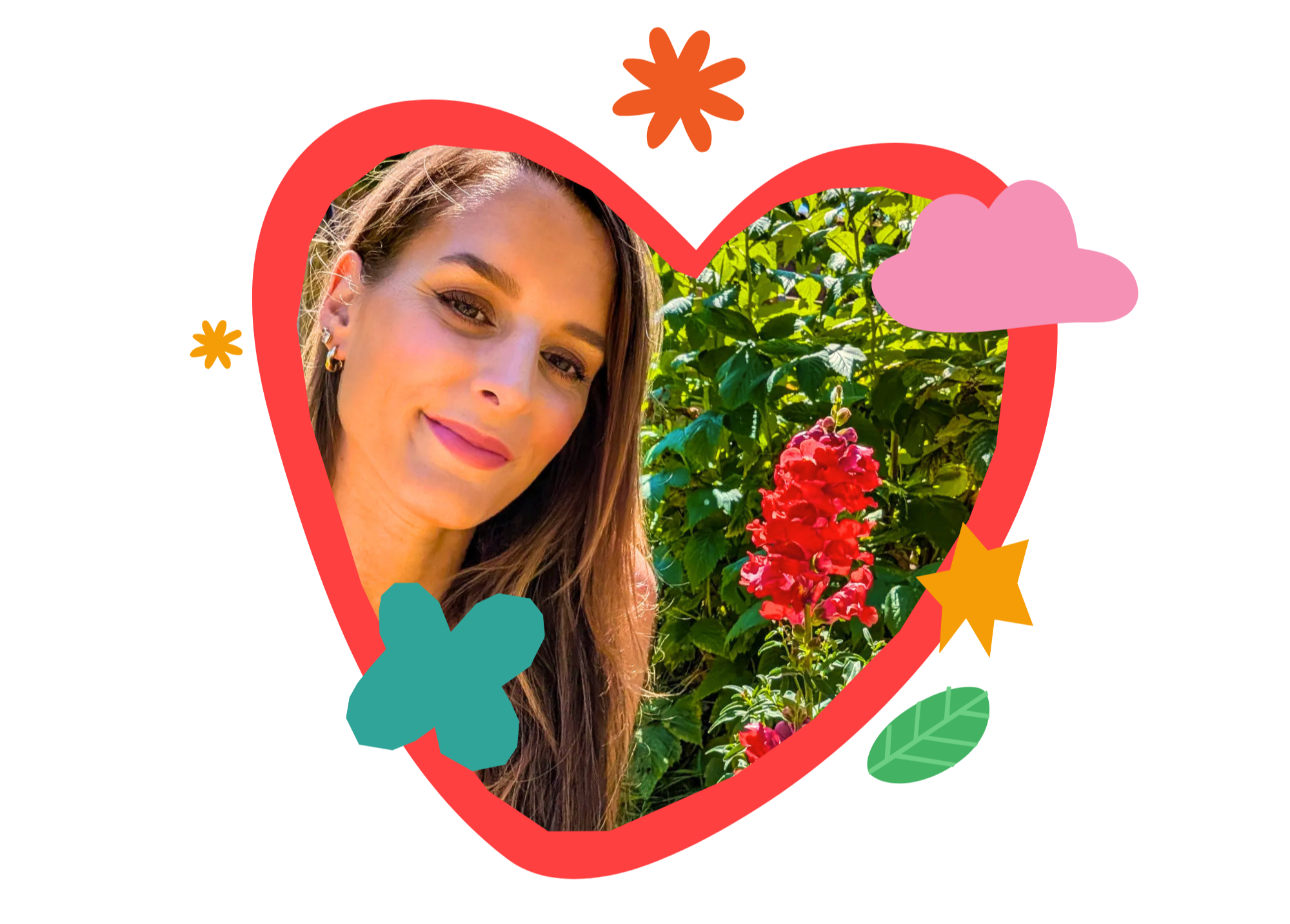 Colorful collage featuring a woman with long brown hair and earrings, surrounded by flowers and decorative elements, with a pink cloud and star shapes.