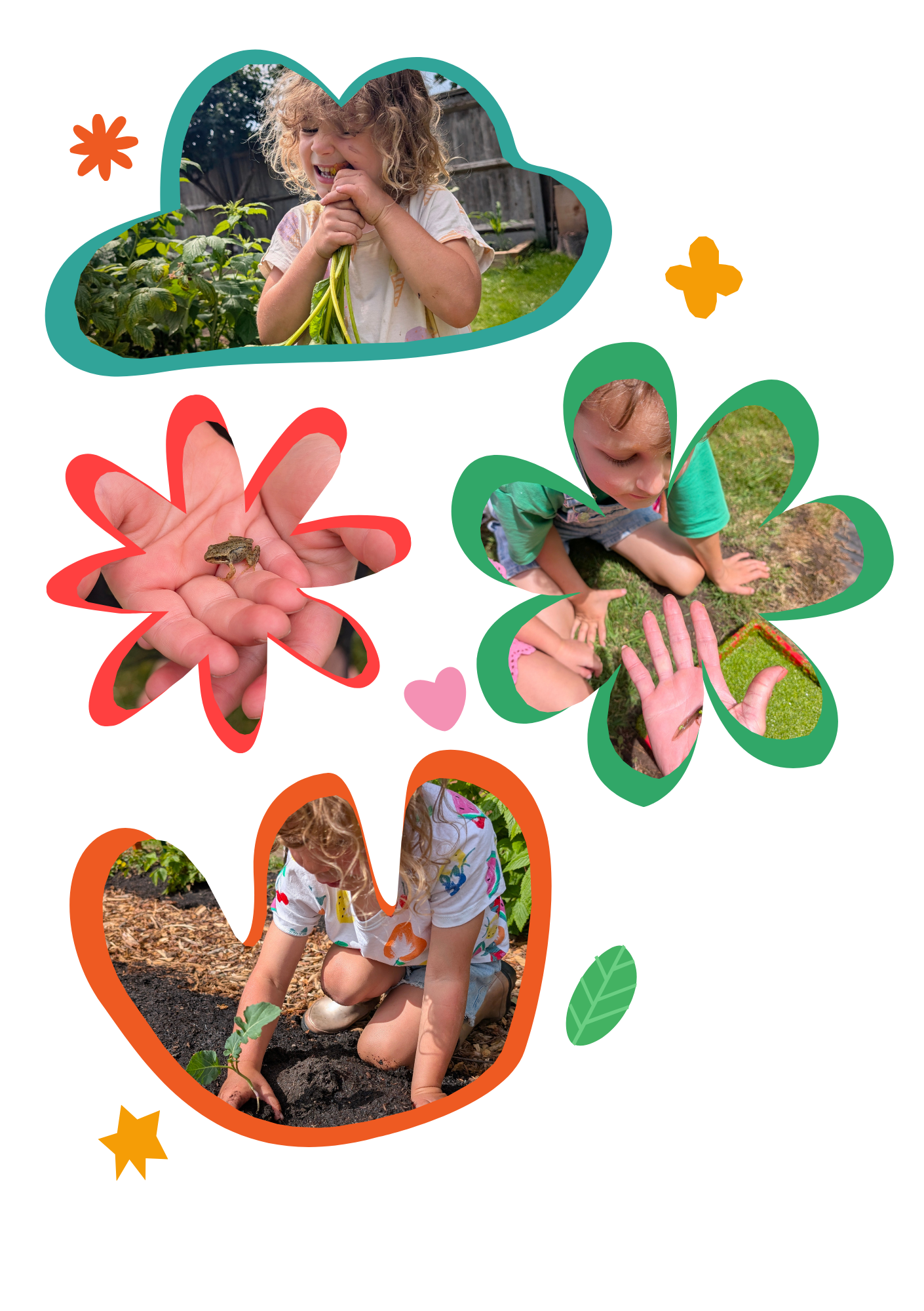 various images of children outdoors - looking at animal habitats, planting vegetables, holding froglets and enjoying garden club.