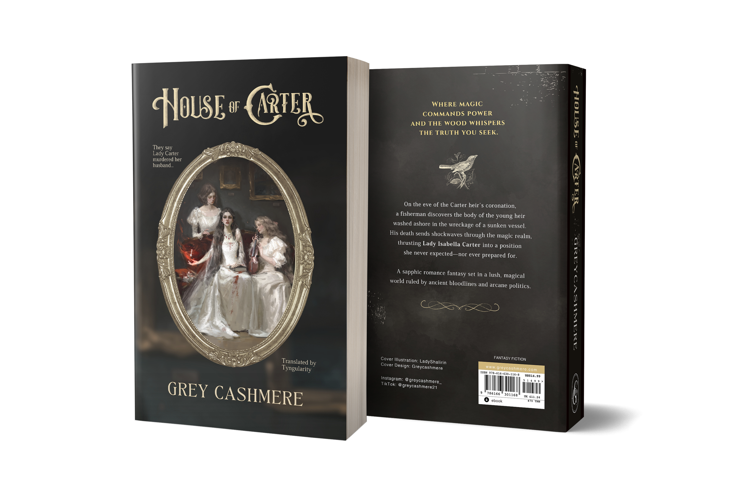 Front and back cover of a book titled "House of Carter" by Grey Cashmere, depicting a dark background with an ornate picture frame containing three women in white dresses and bloodstains, and back cover with synopsis and credits.