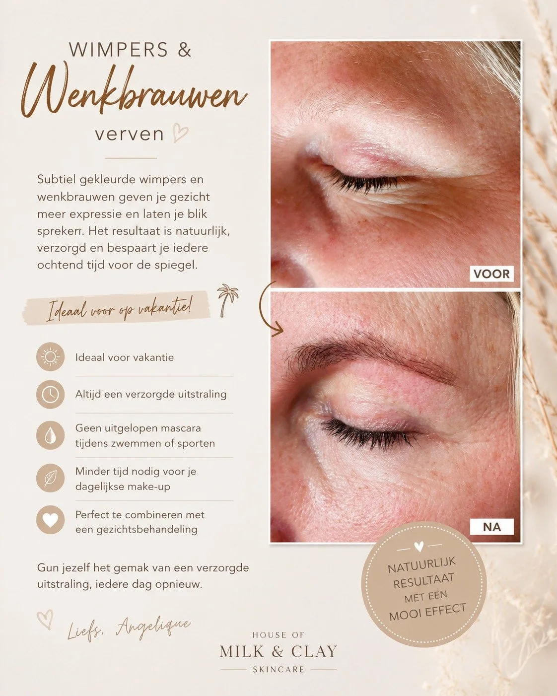 Altijd een frisse en verzorgde uitstraling, zonder make-up 

Wist je dat je bij House of Milk &amp; Clay ook terecht kunt voor het verven van je wimpers en wenkbrauwen?

Met subtiel gekleurde wimpers en wenkbrauwen krijgt je gezicht direct meer expre
