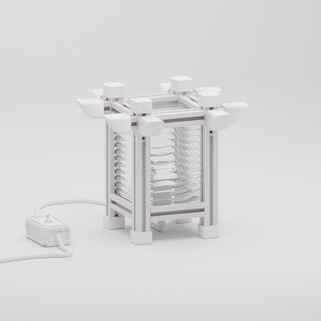 A modern lamp enclosed in a white, rectangular frame from aluminium, connected to a power supply.