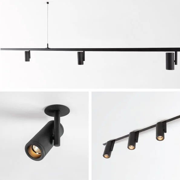 Three types of black modern pendant and track lighting fixtures against a white background.