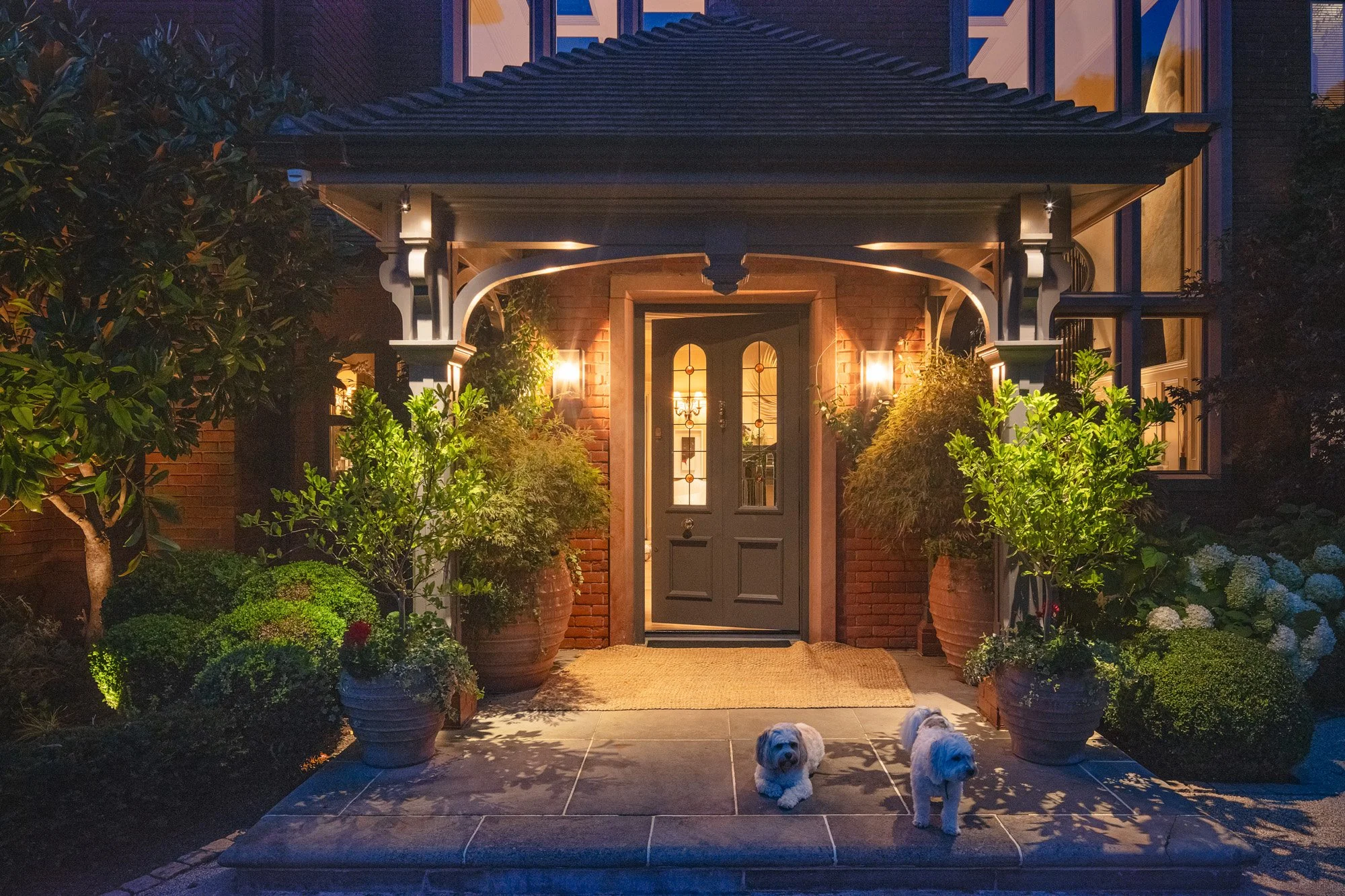 A lit front porch of a house at dusk with two small dogs sitting on the front step, surrounded by lush green plants and flowers, with a dark gray door and warm exterior lighting.