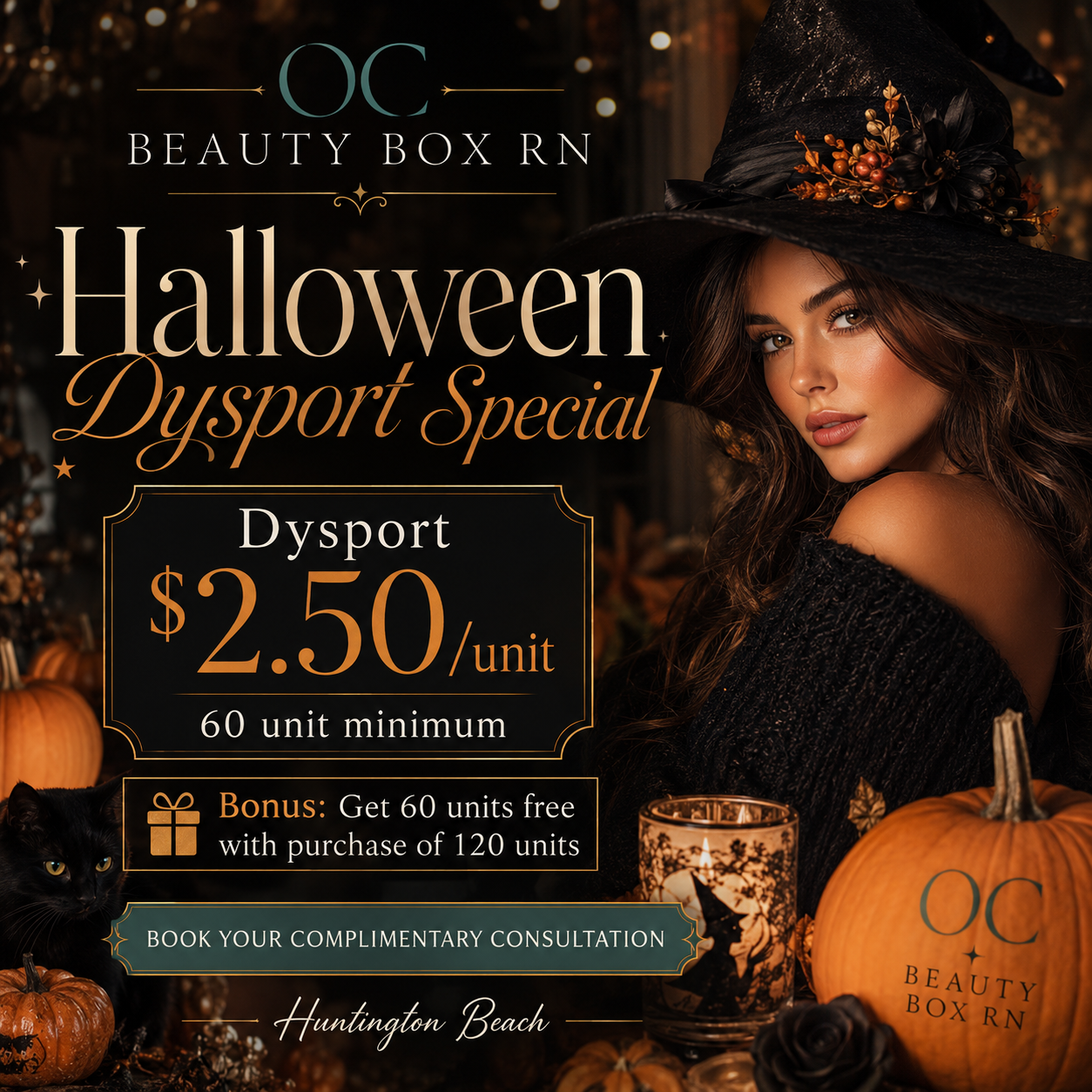 A promotional poster for OC Beauty Box RN's Halloween Dysport special, featuring a woman in a witch hat, surrounded by pumpkins, autumn leaves, and black roses, advertising Dysport units at $2.50 each with a minimum of 60 units, including a bonus offer for free units with larger purchases, and an invitation to book a consultation in Huntington Beach.