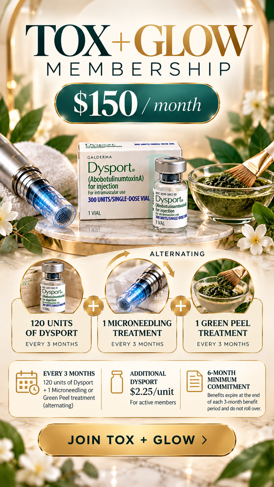 An advertisement for the Tox + Glow membership, priced at $150 per month. The image features a box and vial of Dysport (AbobotulinumtoxinA), a microneedling device, and a bowl of green peel treatment. It explains the membership plan, which includes 120 units of Dysport, a microneedling treatment, and a green peel treatment every three months, with options for additional Dysport at $2.25 per unit.