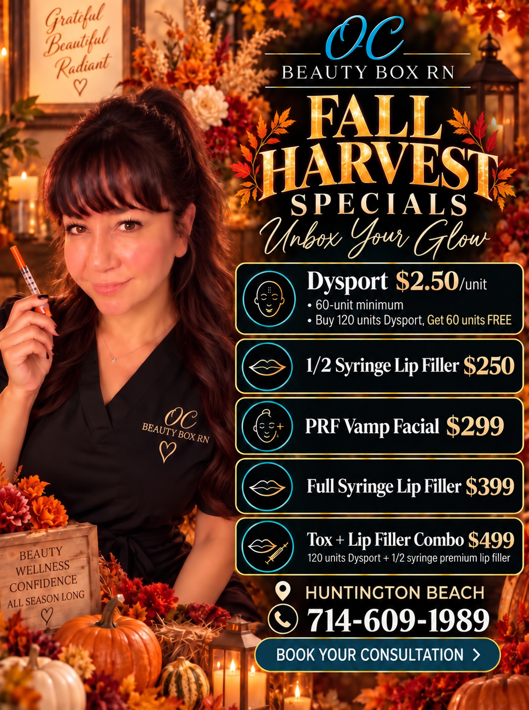 A promotional poster for OC Beauty Box RN fall harvest specials including cosmetic and skincare treatments, featuring a woman in a black uniform, surrounded by autumn decorations like pumpkins, flowers, and candles, with details about services and contact information.