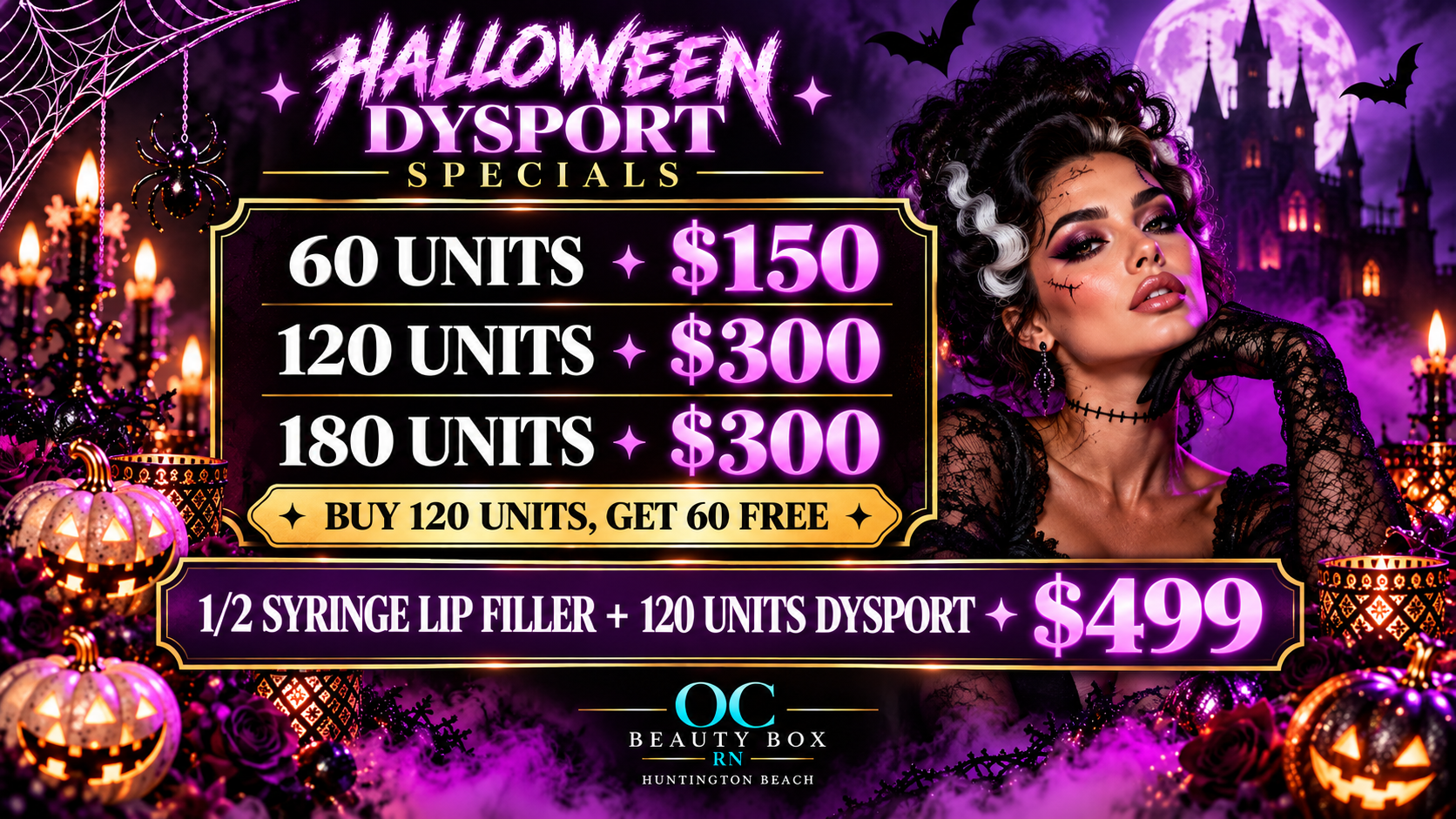 Halloween-themed advertisement for beauty treatments at OC Beauty Box RN in Huntington Beach, featuring special offers on units of Dysport and lip filler, with a spooky background of pumpkins, bats, black candles, and a haunted castle, and a woman with Halloween makeup and black lace attire.