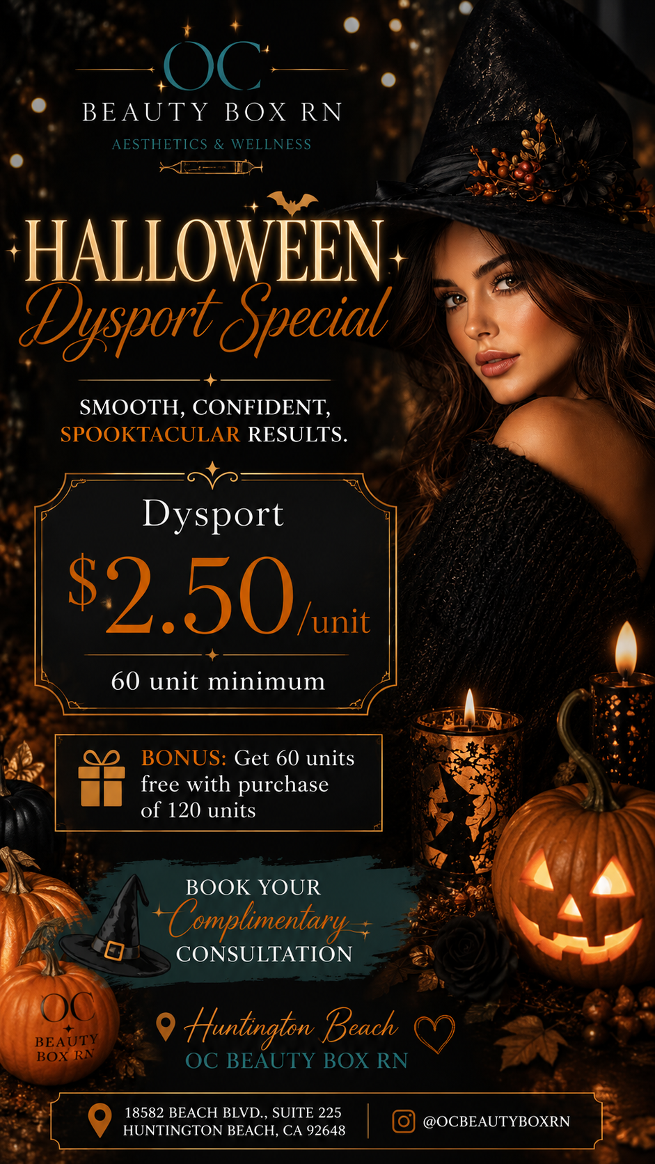 A Halloween-themed advertisement for OC Beauty Box RN promoting Dysport injections at $2.50 per unit with a minimum of 60 units. The advertisement features a woman in a witch costume with a black hat decorated with berries, surrounded by carved pumpkins, candles, and Halloween decorations. The ad highlights a special offer with a bonus of 60 free units with a purchase of 120 units and encourages booking a free consultation at Huntington Beach, California.