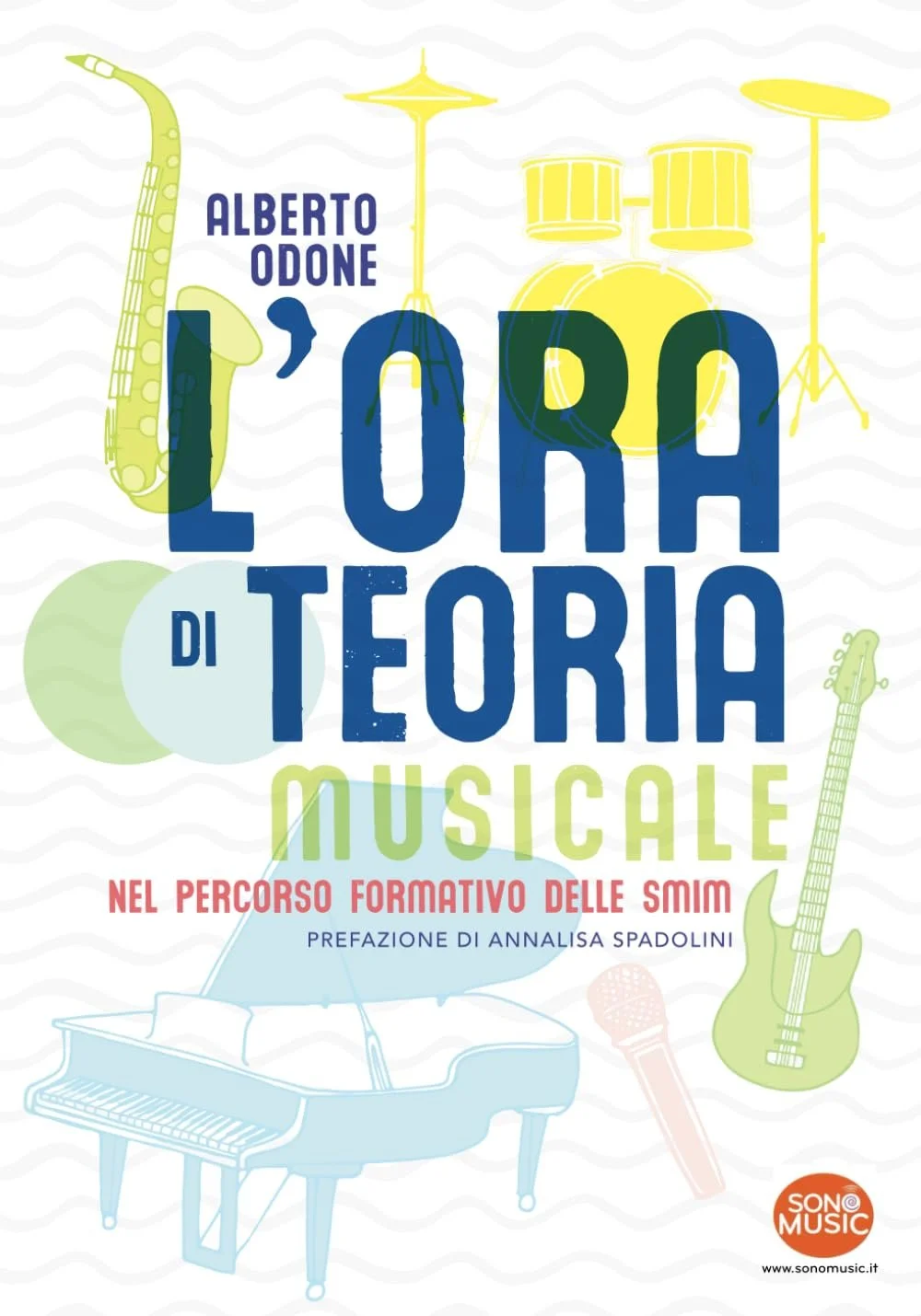 Copertina di un libro intitolato "Lora di teoria musicale" con disegni di strumenti musicali come sax, batteria, chitarra, pianoforte e microfono.