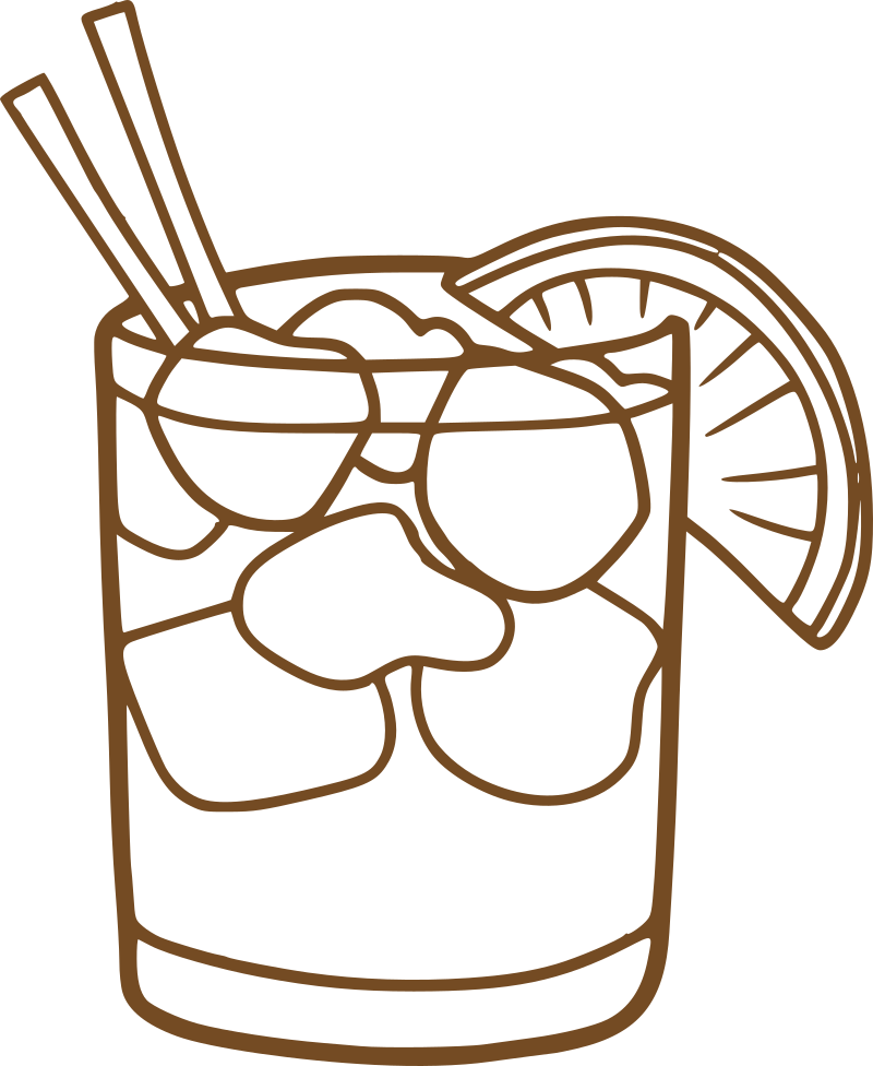 Line drawing of a glass with ice cubes, a slice of lemon, and a straw.
