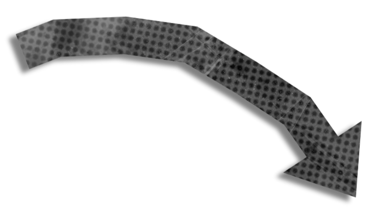 Close-up of a dotted, curved, grey strip of paper in the shape of an arrow with a grey background like it has been stuck down scrapbook style.