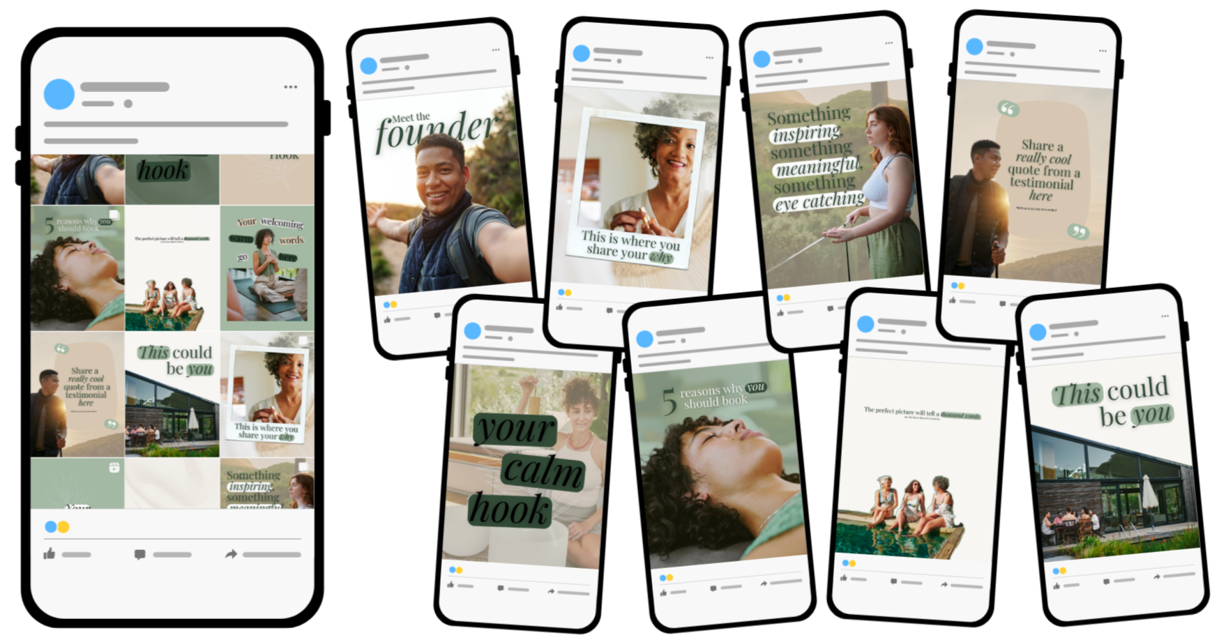 A collection of social media posts and images featuring people outdoors, with motivational quotes and messages about sharing and inspiration.