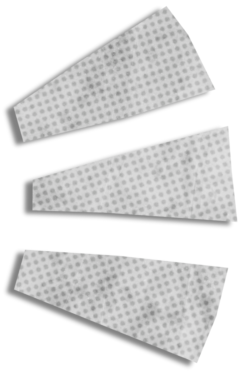 Three white sheets of paper with grey dot patterns, arranged diagonally with a grey shadow like it's been stuck down like a scrapbook style.