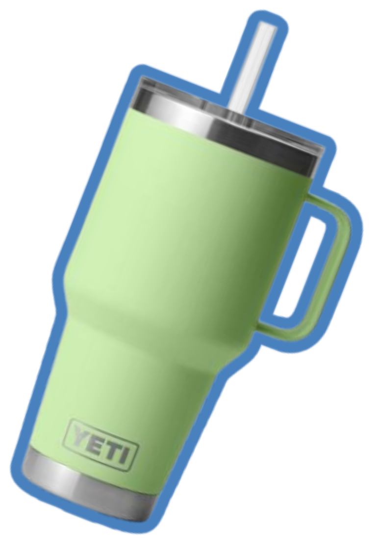 Green YETI travel mug with a lid and a straw, angled to the side