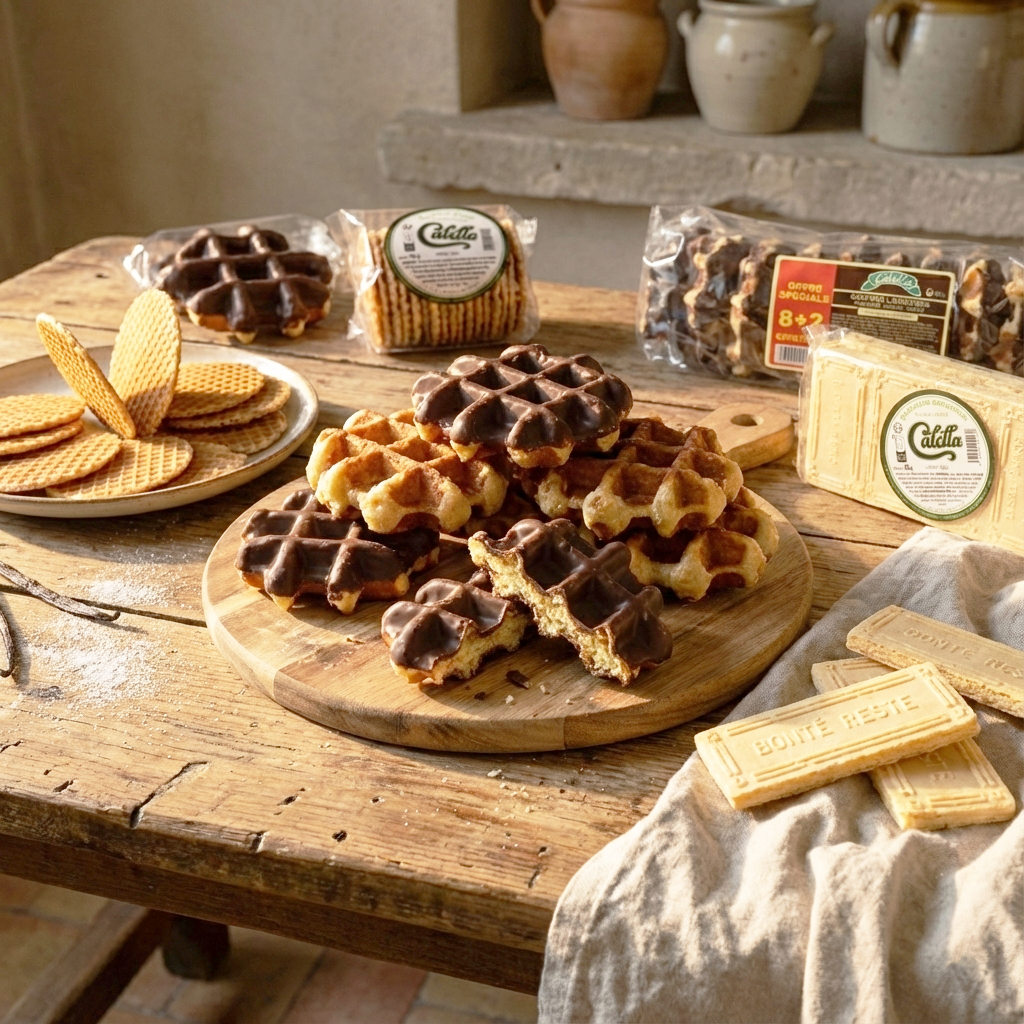Gaufres fourrées au chocolat sur une table en bois, entourées de gaufres fines sur une table en bois.