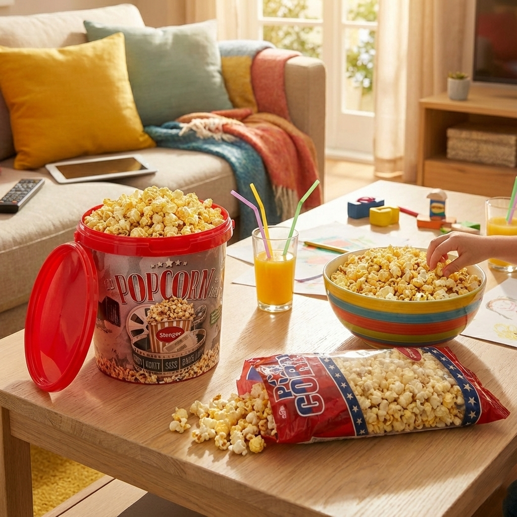 Une table avec des seaux de popcorn, une bol de popcorn, deux verres de jus d'orange avec des pailles, des jeux de société, et quelques dessins d'enfants, dans un salon lumineux.