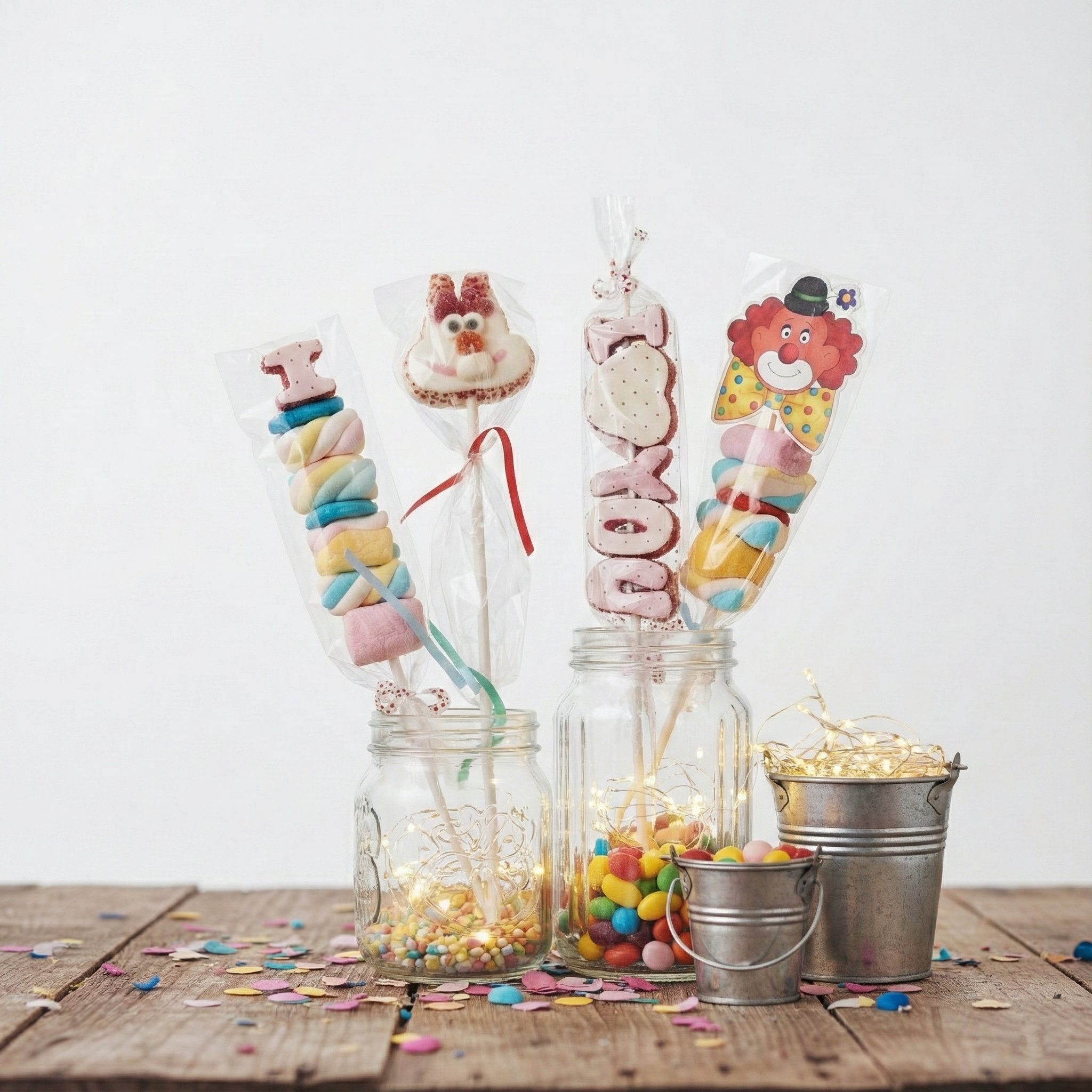 Décor de fête avec des brochettes de guimauves, confettis colorés, petites lampes lumineuses, sur une table en bois.