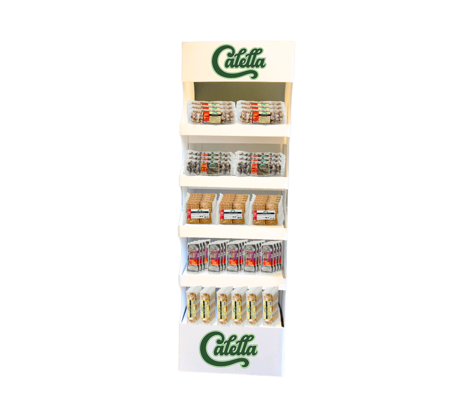 Étagère en supermarché avec diverses variétés de biscuits Calleta sur plusieurs niveaux.