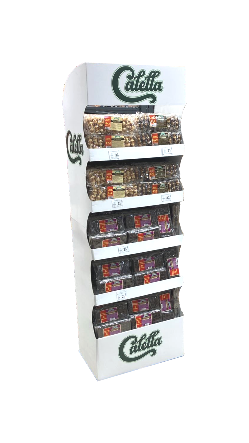 Présentoir de biscuits appelés Calleta, avec plusieurs paquets de biscuits dans une grande machine en vente en magasin.