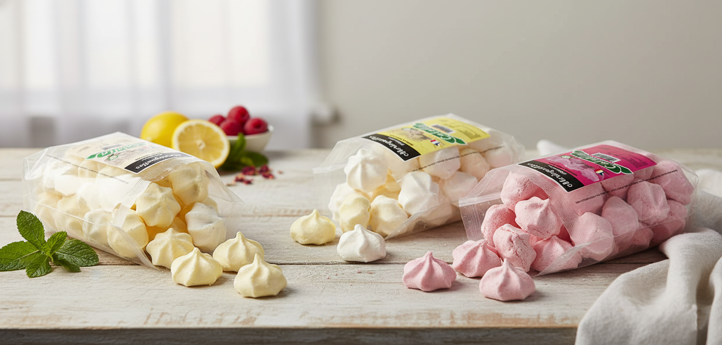 Trois sacs de guimauves de différentes couleurs (jaune, blanc, rose) étendus sur une table en bois, avec des fruits et de la menthe en arrière-plan.