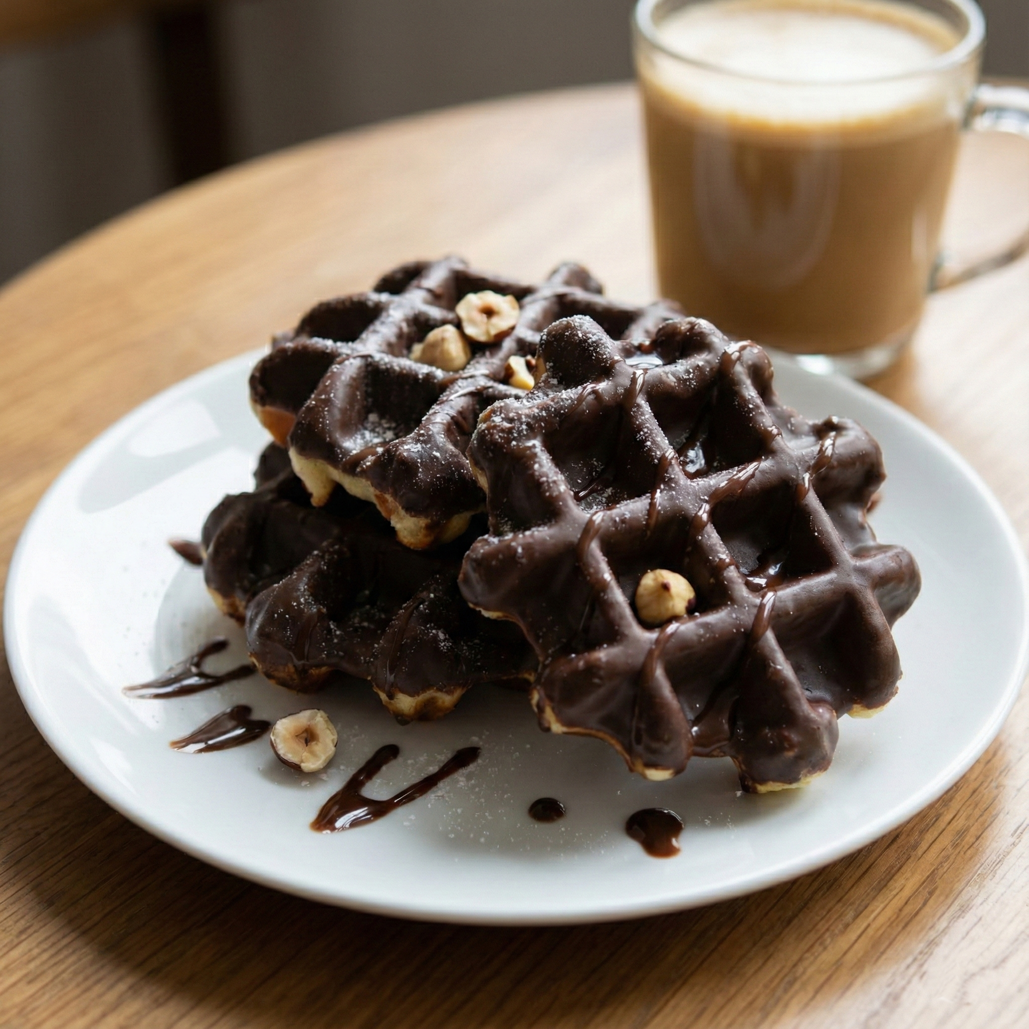 Gaufres chocolatées garnies de noisettes, servies avec un café au lait dans une tasse en verre, sur une table en bois.
