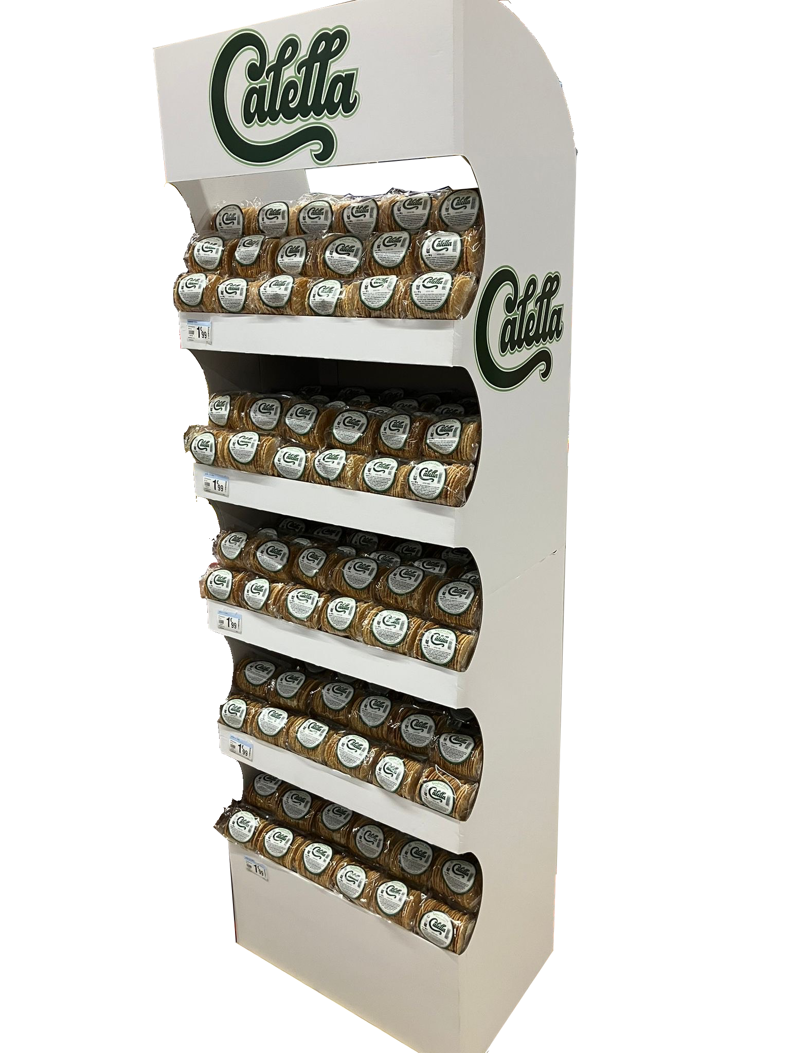 Rayonnage en supermarché avec des paquets de calissons emballés, marque Caletta, sur plusieurs étagères.