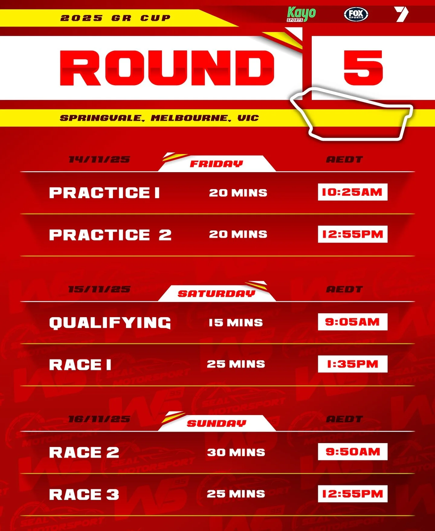 Here&rsquo;s the Schedule for the weekend!

It will all be live on Kayo Sports, Fox Sports, and 7 Sports.

And just like last round, we start off with both Practices on Friday. 

For Saturday we have Qualifying, and Race 1.

And On Sunday we have our